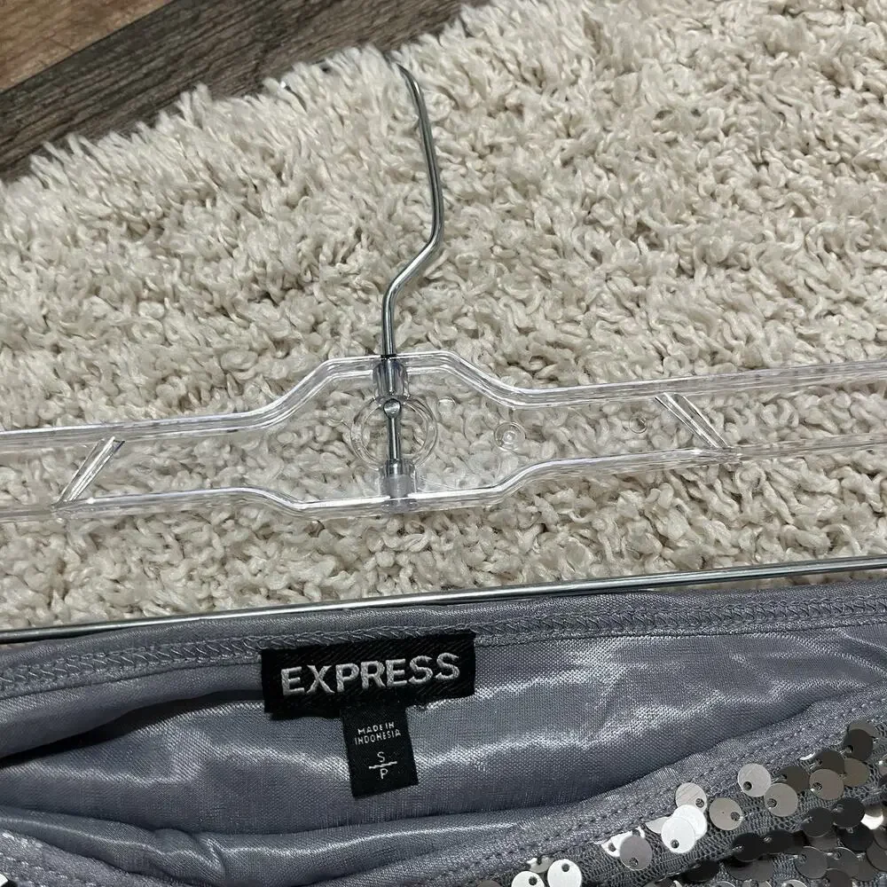 Express Size Small Metallic Silver Sequin Stretch Pull-On Mini Skirt